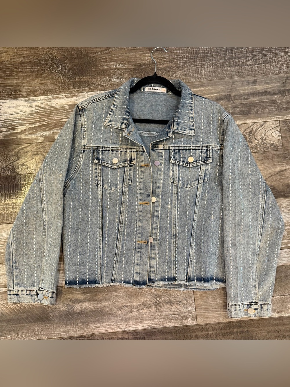 Rhinestone crystal Striped Light Blue Denim Jacket  - Women's XL